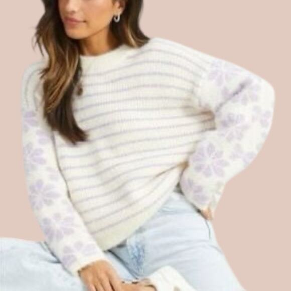 Altar’d State Fuzzy Teddy Cream Purple Floral Striped Haley Sweater Size Large L - Picture 1 of 11